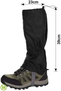 a picture of outdoor waterproof  leg gaiters showing strap that holds to the shoe from beneath