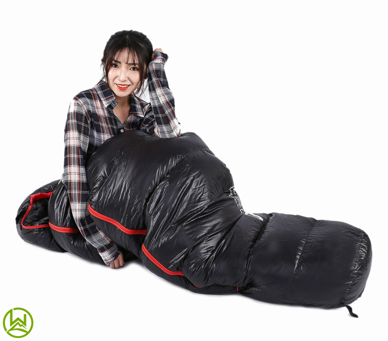 a picture of a woman half tucked in a camping gear.