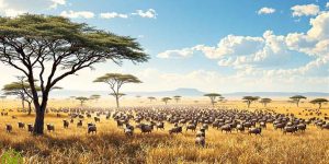 Large herd of wildebeest migrating across the Serengeti plains during the Great Wildebeest Migration.