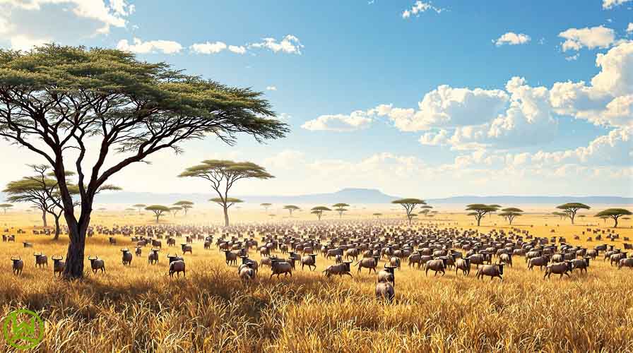 Large herd of wildebeest migrating across the Serengeti plains during the Great Wildebeest Migration.