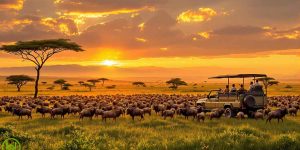 An image showing Tourists ion Safari Jeep watching a large herd of Wildebeest during a sunset in masai mara plains