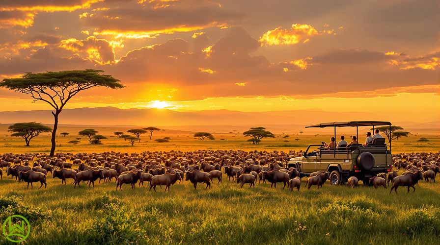 A photo taken during sunset showing a large flock of wildebeest and a safari jeep with Tourist watching them. 