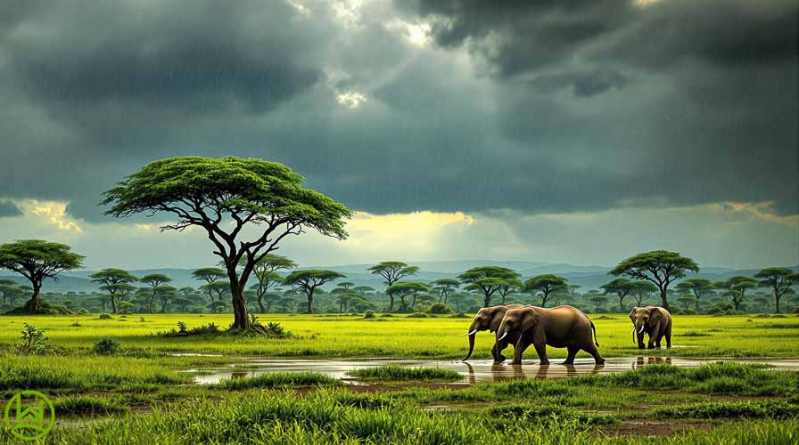 An Image showing elephants in savannah in plains of Masai Mara Reserve during a rainy season.